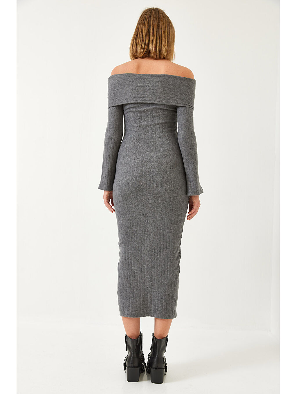 Antrasit Kadın Madonna Yaka İspanyol Kol Fitilli Elbise-7