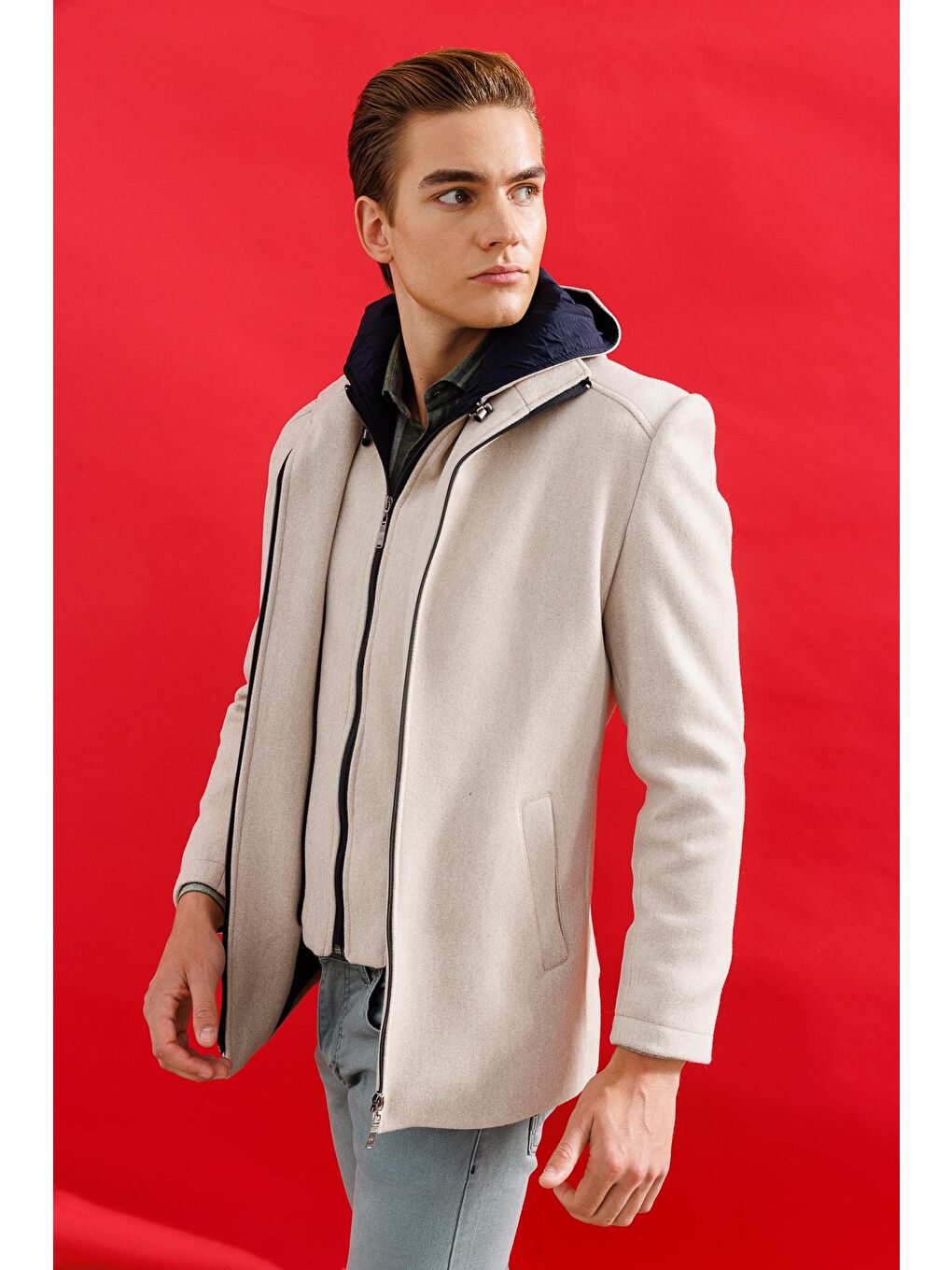 Erkek Bej Kapüşonlu Kaban-5
