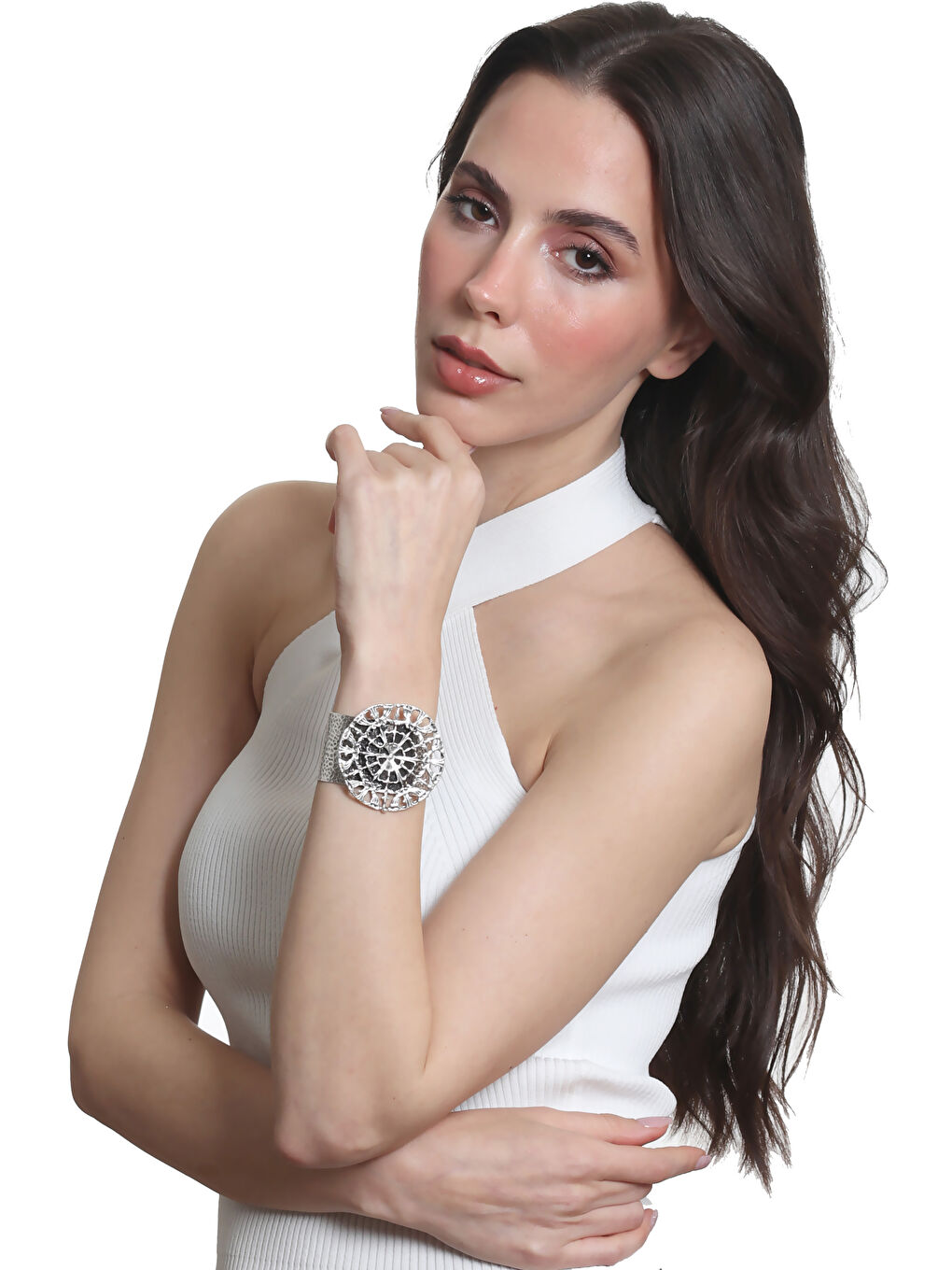 Gri Kadın Antik Gümüş Kaplama Ayarlanabilir Geniş Band Örümcek Ağı Figürlü Bileklik-2