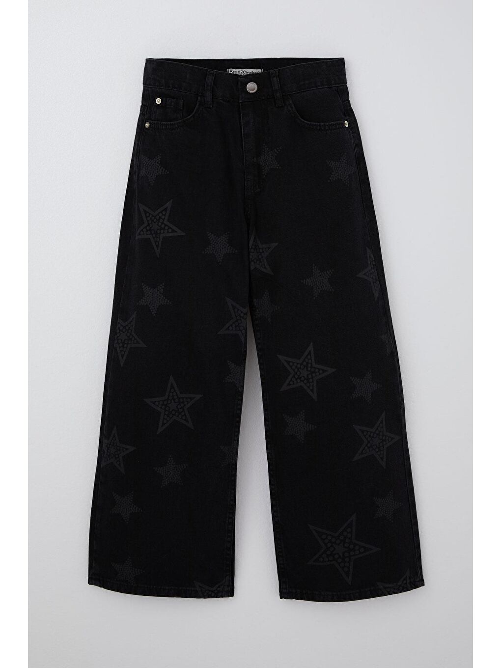 Kız Çocuk Jean Pantolon Yıldız Baskılı Fermuarlı Düğmeli Siyah (10-14 Yaş)