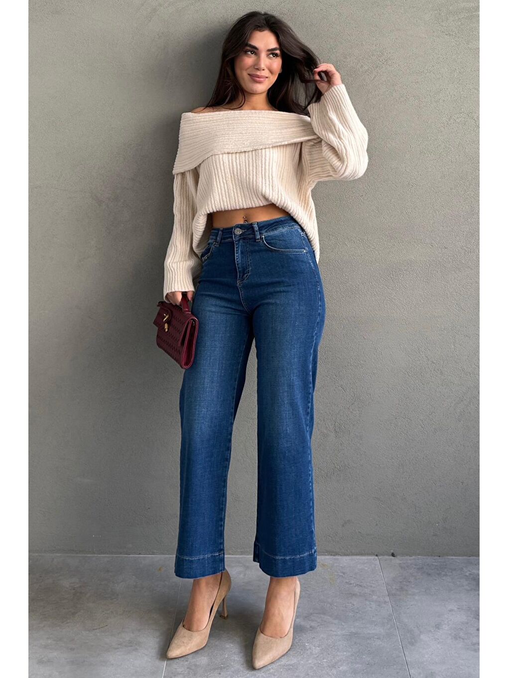 Mavi Düz Kesim Geniş Paça Kadın Flared Jean Mg2630-7