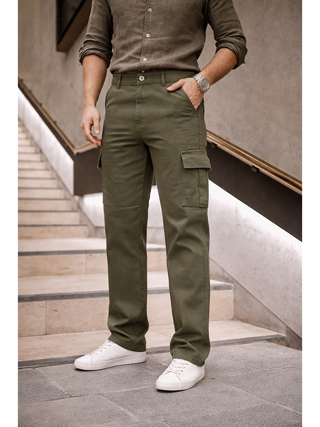 Erkek Yüksek Bel Bol Paça Haki Kargo Baggy Pantolon