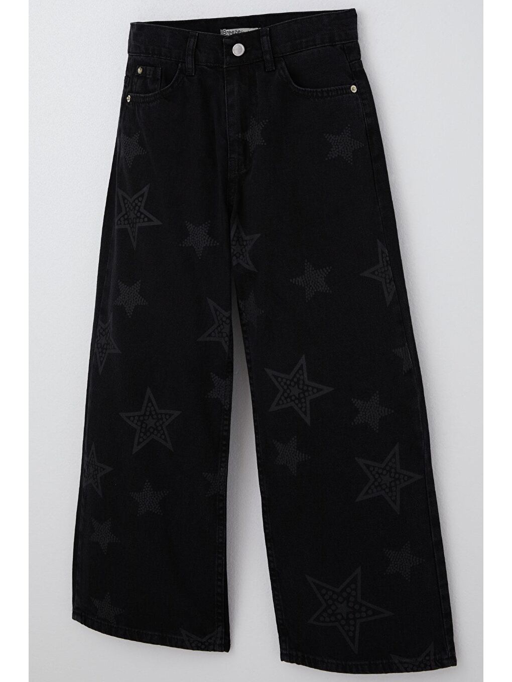 Kız Çocuk Jean Pantolon Yıldız Baskılı Fermuarlı Düğmeli Siyah (10-14 Yaş)-2