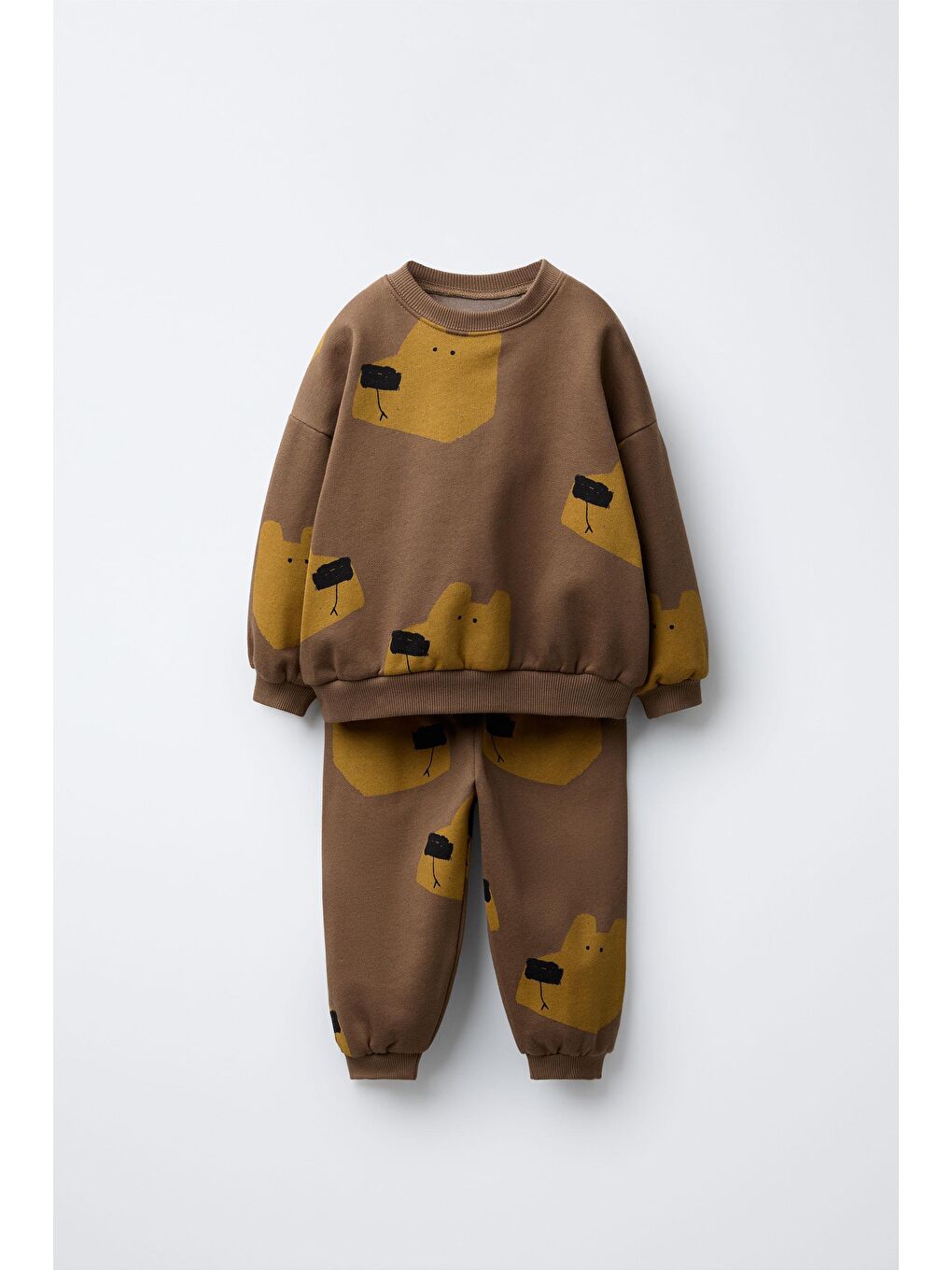 Erkek Çocuk Pamuklu Kahverengi Ayı Desenli Sweatshirt Ve Jogger Eşofman Takımı - Rahat Günlük Stil