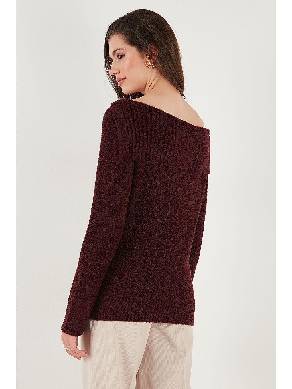 Bordo Premium Regular Fit Kayık Yaka Düğme Detaylı Kazak 680KZ002563-6