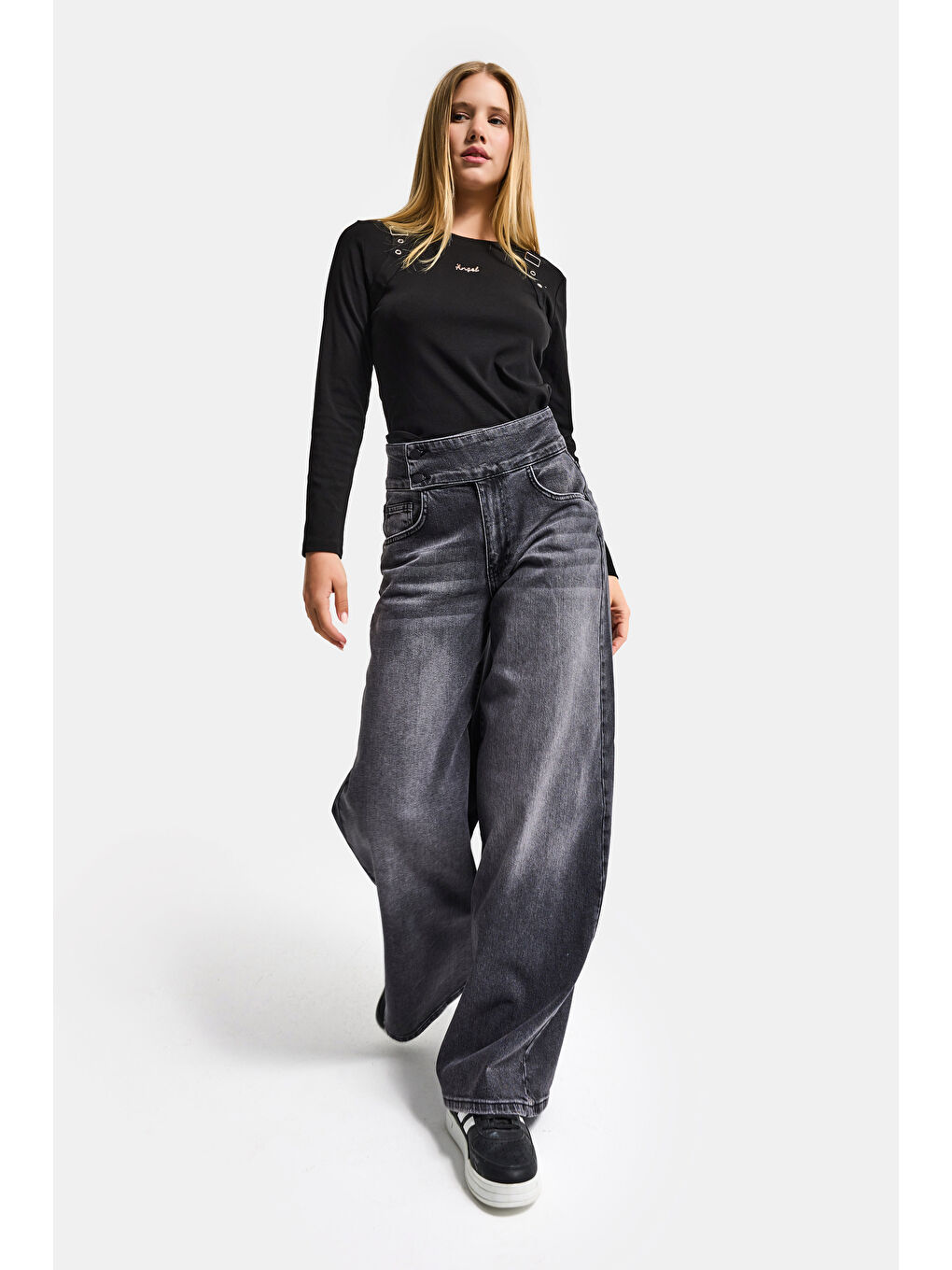 Gri Kadın Füme 4s6-14 Palazzo Fit Kemer Detaylı Elastan Kumaş Denim Jean-1