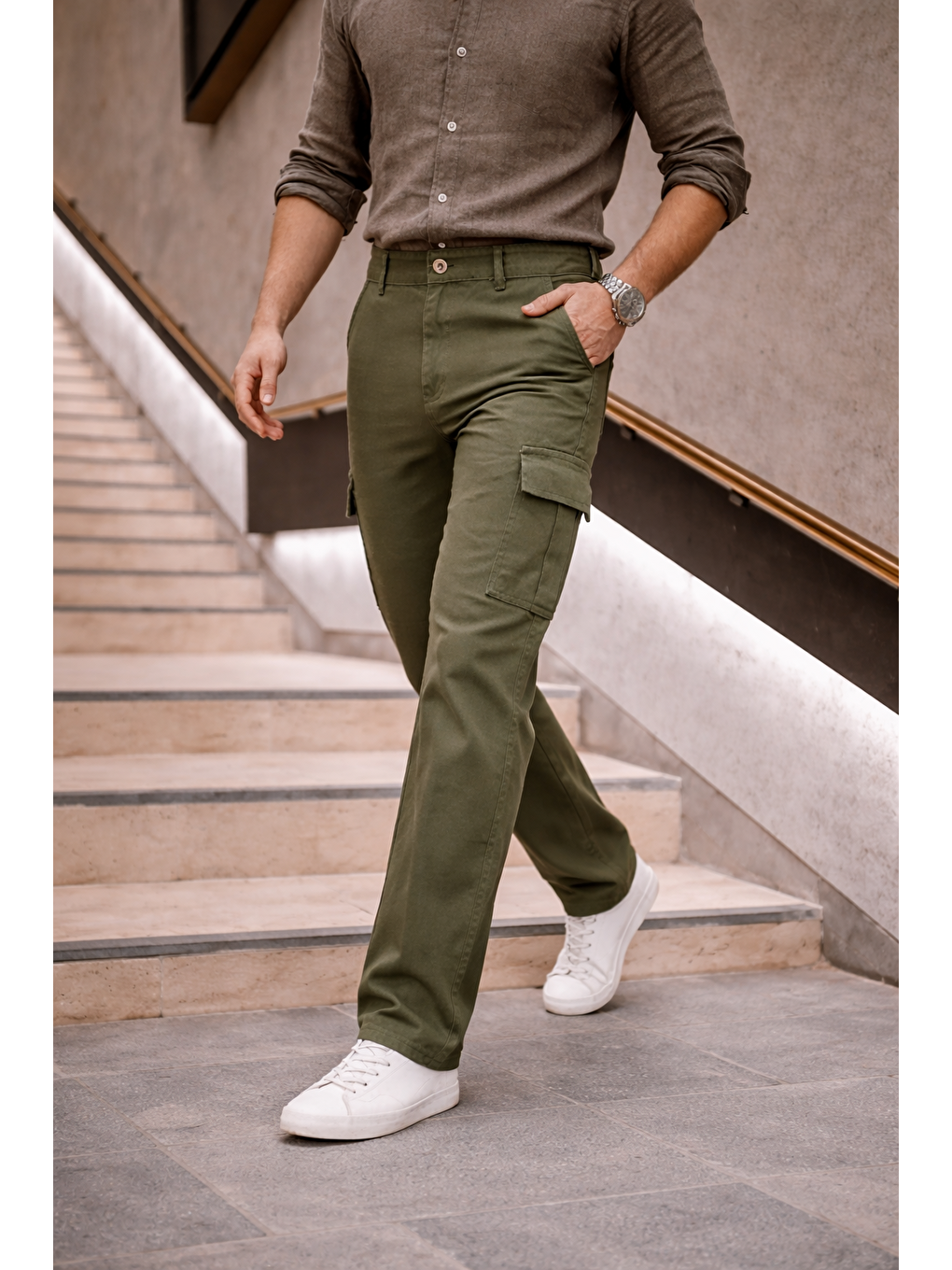 Erkek Yüksek Bel Bol Paça Haki Kargo Baggy Pantolon-1