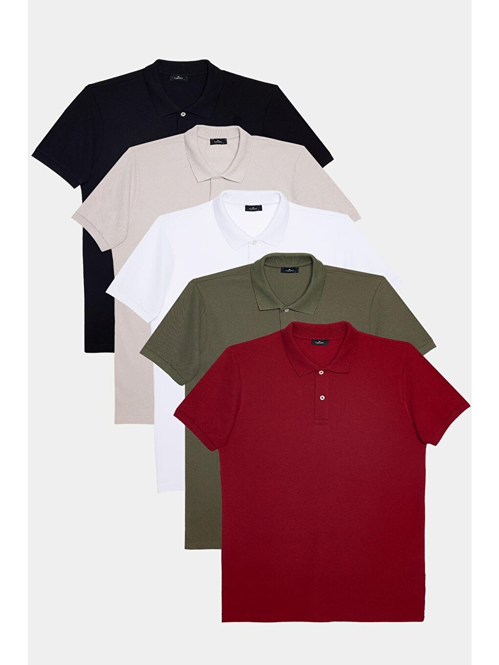 TUDORS Karişik Erkek 5'li Paket Siyah-Gri-Beyaz-Haki-Bordo Slim Fit Dar Kesim Pamuklu Düz Pike Polo Yaka Tişört