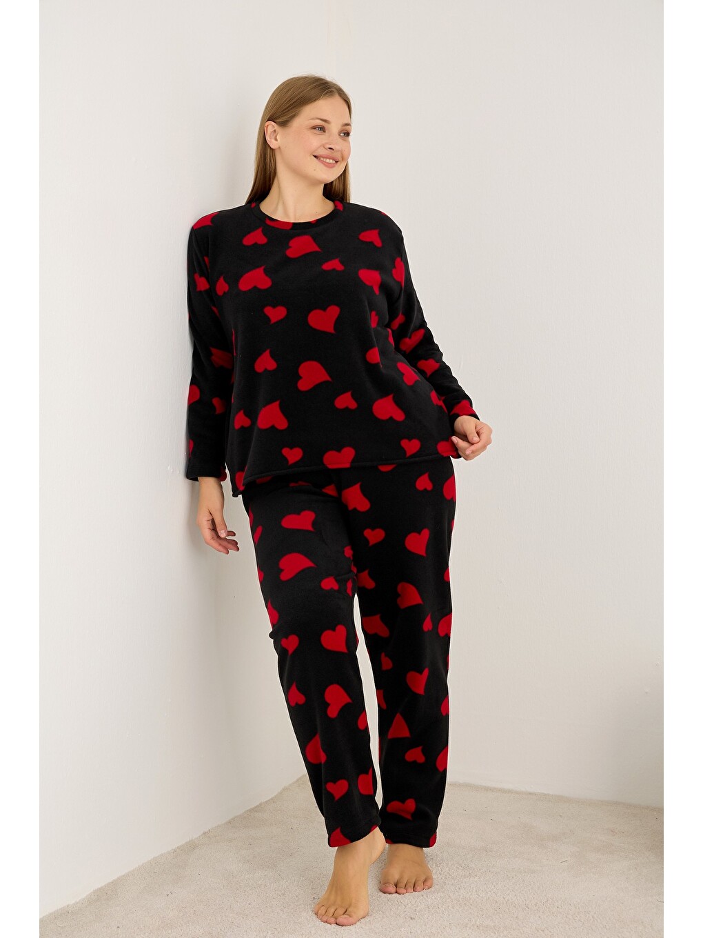 Siyah Büyük Beden Polar Kışlık Örme Pijama Takım 25222566-1