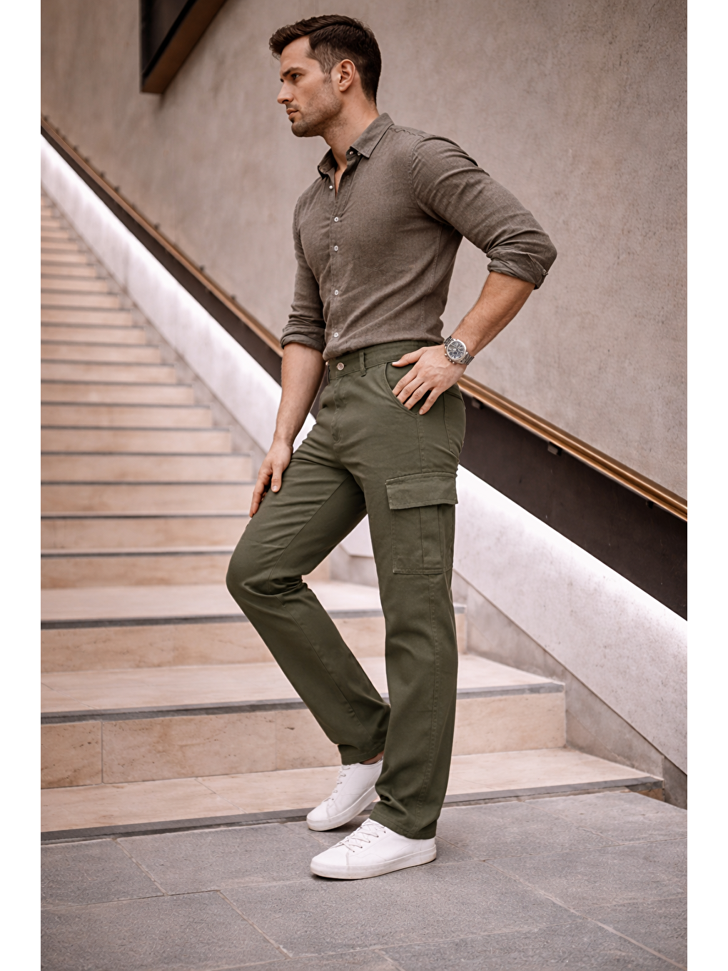 Erkek Yüksek Bel Bol Paça Haki Kargo Baggy Pantolon-2