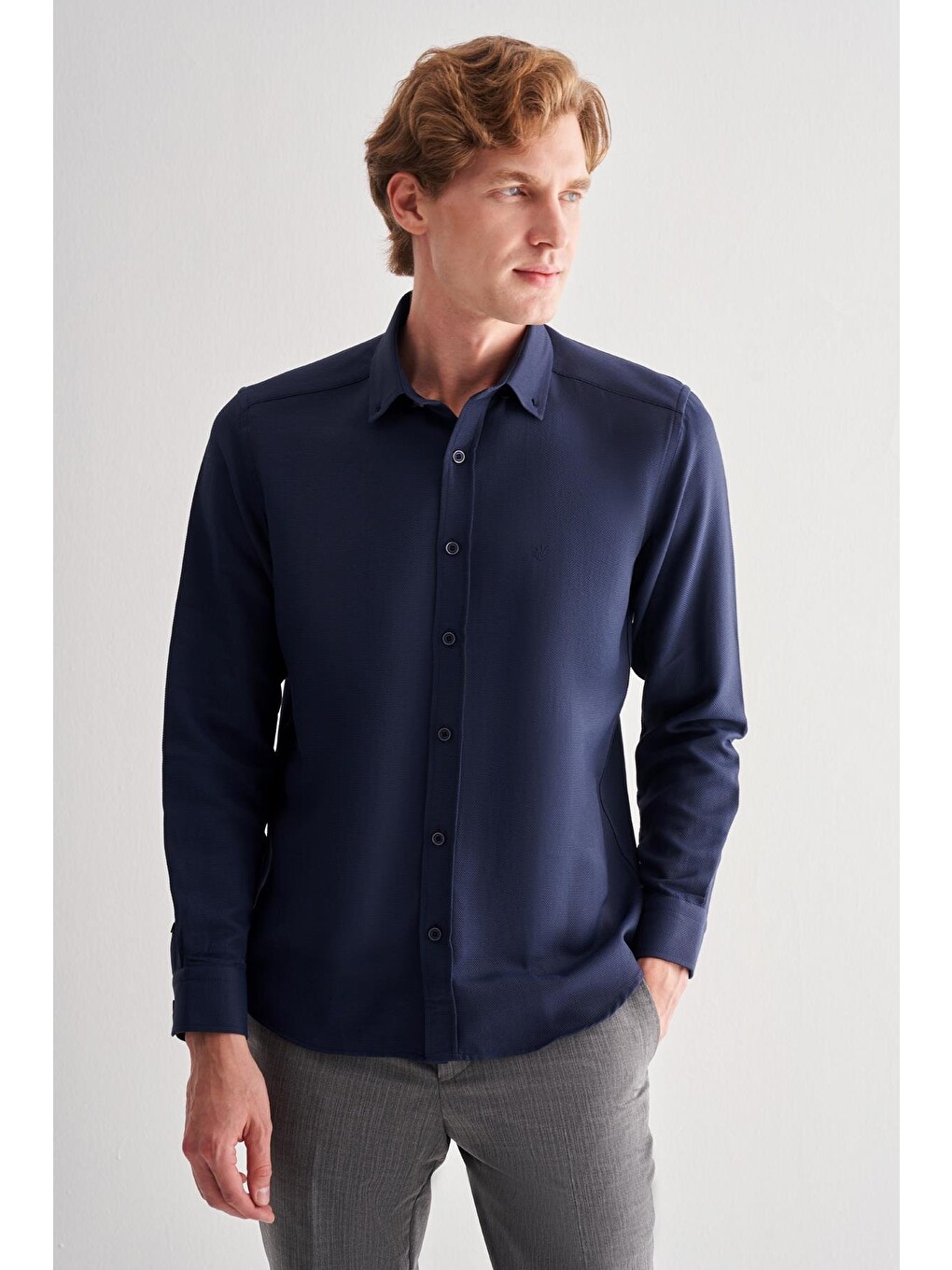 Koyu Lacivert Perfetto Düğmeli Yaka Uzun Kol Cepsiz Slim Fit Cls Gömlek 1004255173-1