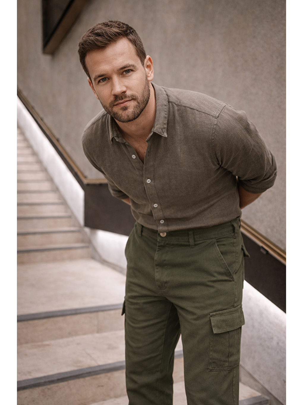 Erkek Yüksek Bel Bol Paça Haki Kargo Baggy Pantolon-4