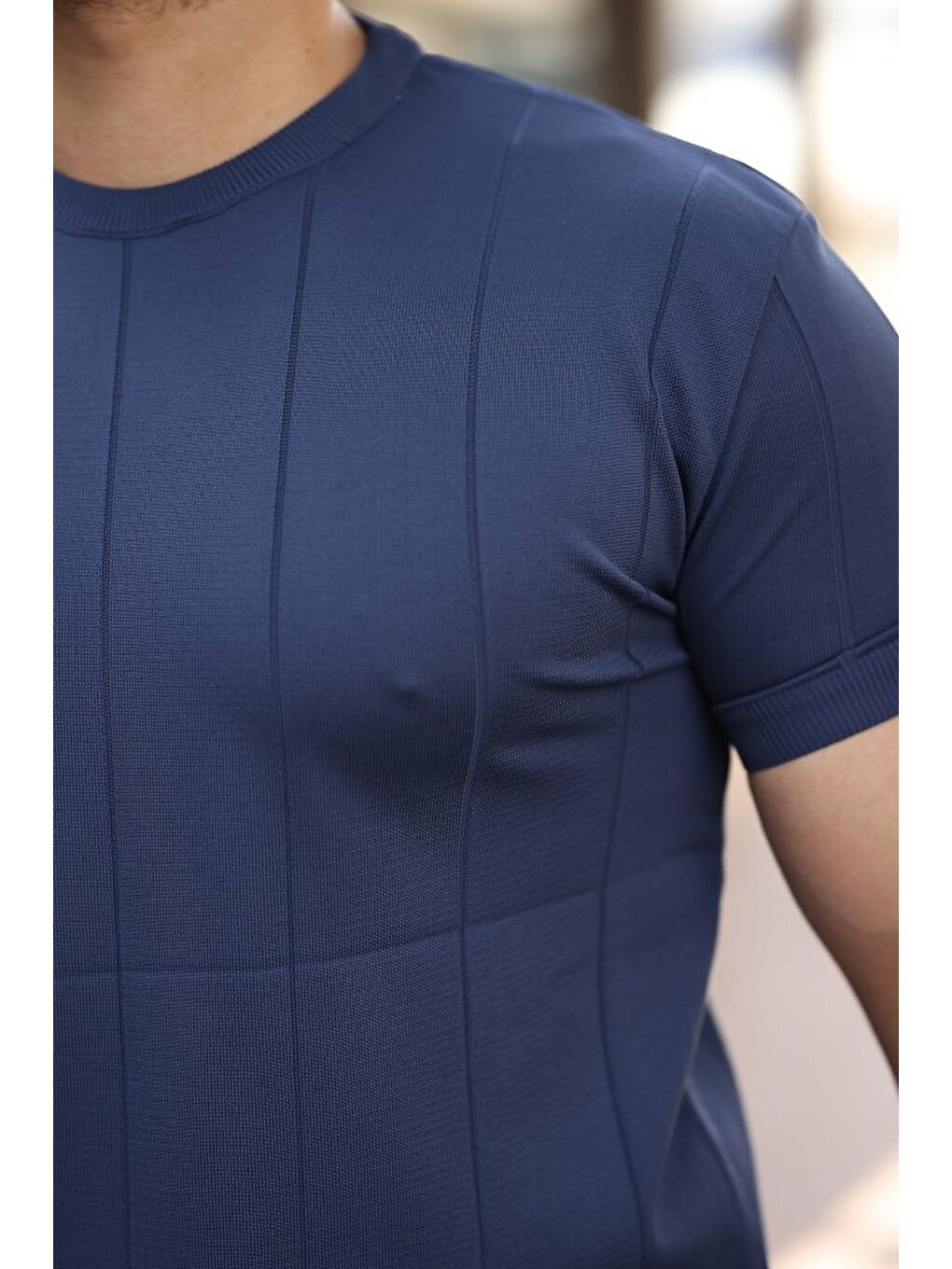 Lacivert Erkek Ince çizgi Dokulu Bisiklet Yaka Kısa Kollu T-shirt-2