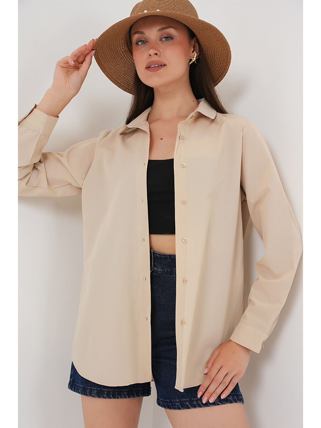Kadın Uzun Kol Basic Gömlek 20279 - Bej-1