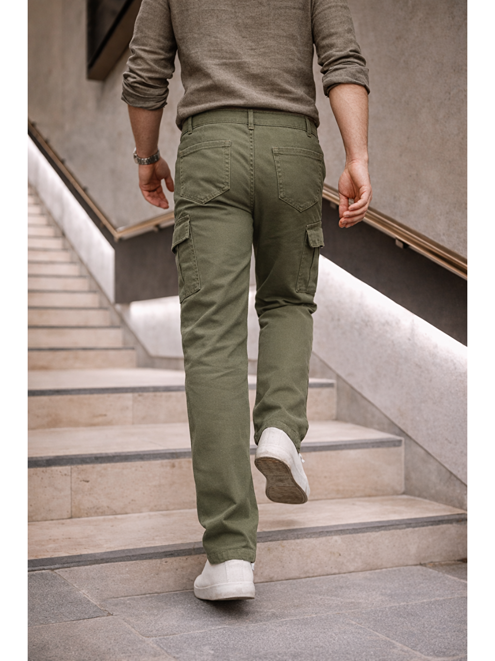 Erkek Yüksek Bel Bol Paça Haki Kargo Baggy Pantolon-5