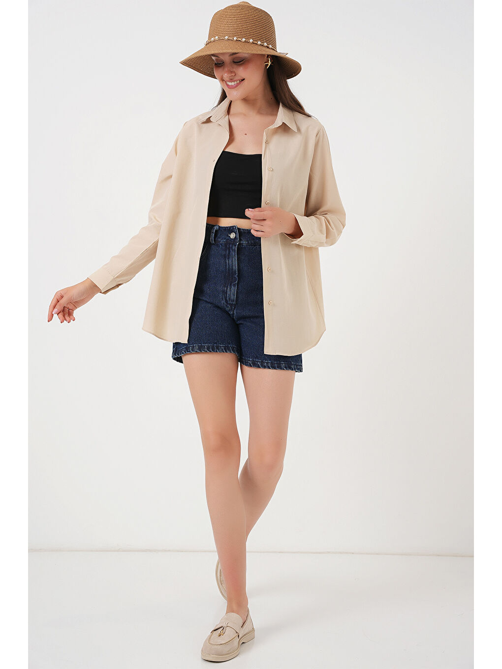 Kadın Uzun Kol Basic Gömlek 20279 - Bej-2