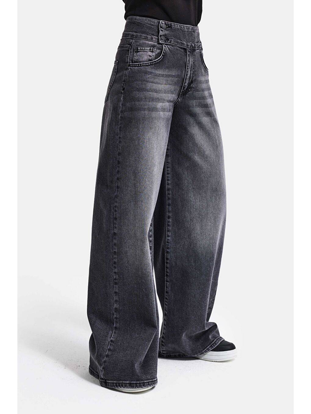 Gri Kadın Füme 4s6-14 Palazzo Fit Kemer Detaylı Elastan Kumaş Denim Jean-6