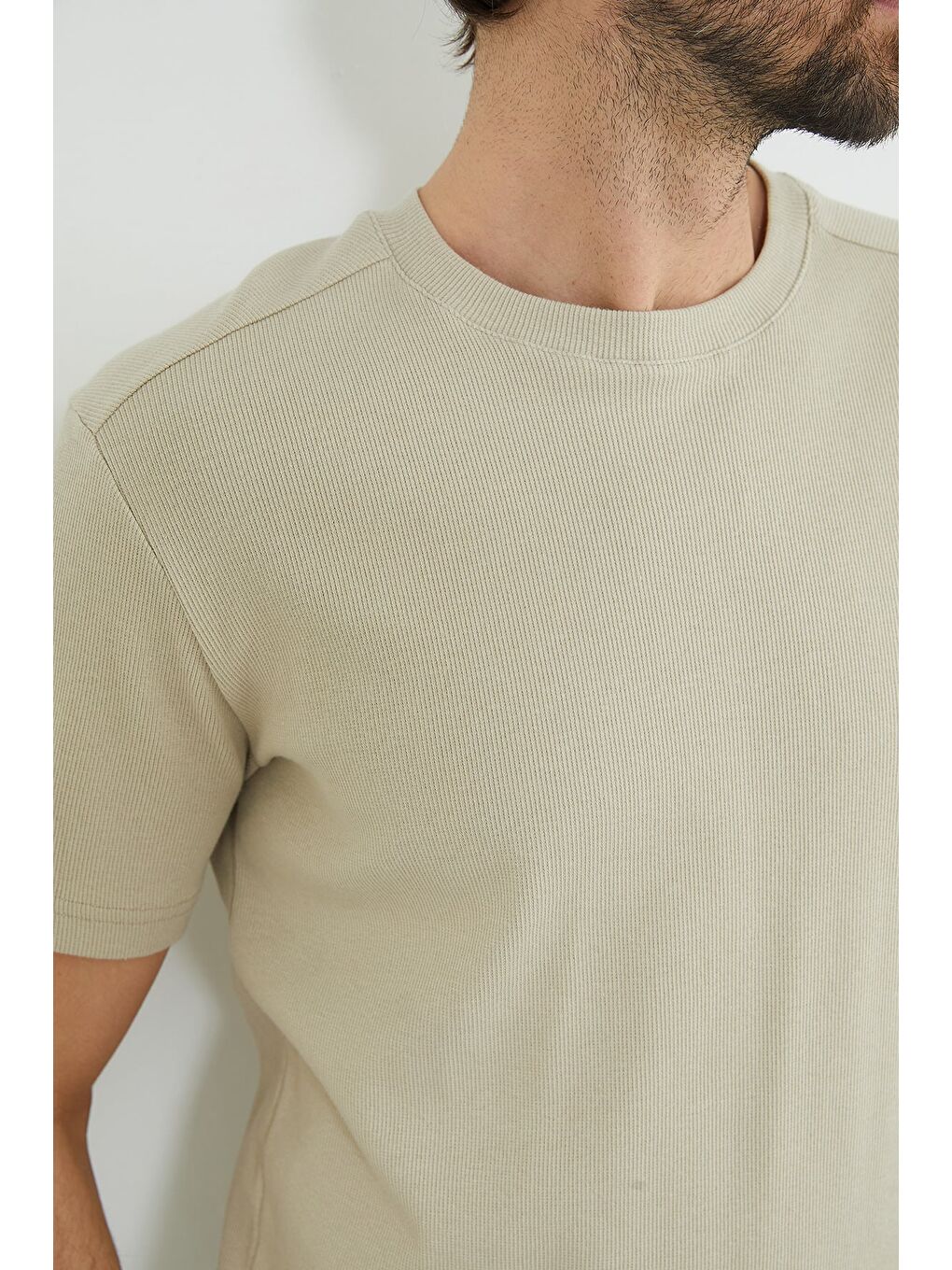 Bej Basic Fitilli Bisiklet Yaka Tişört-4