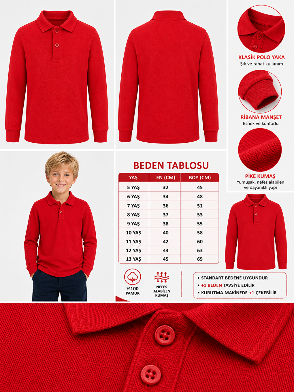 Kırmızı Kids Polo Yaka Basic Uzun Kollu Unisex Erkek Çocuk Tişört-3