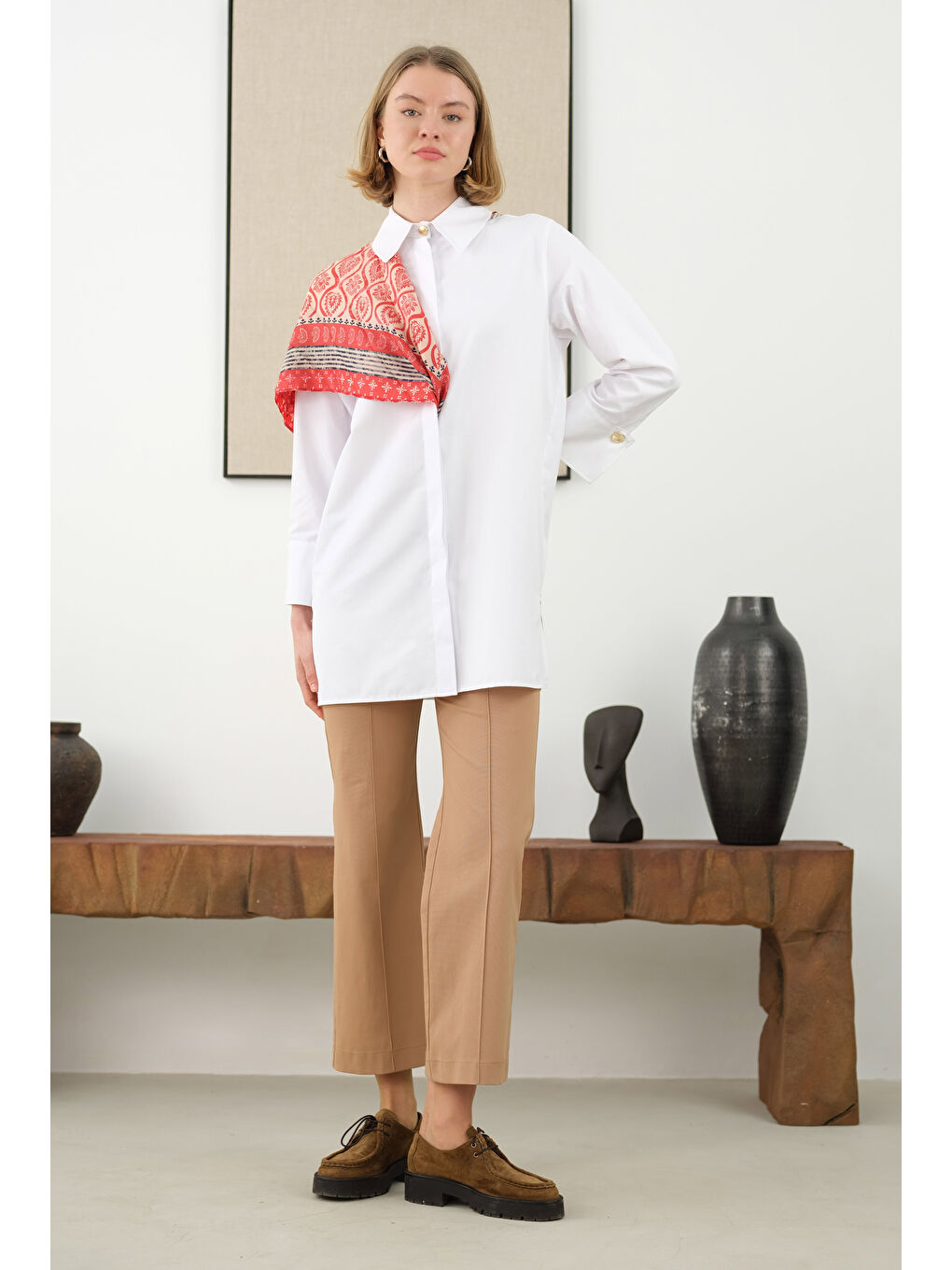 Geniş Manşetli Gömlek Beyaz-1