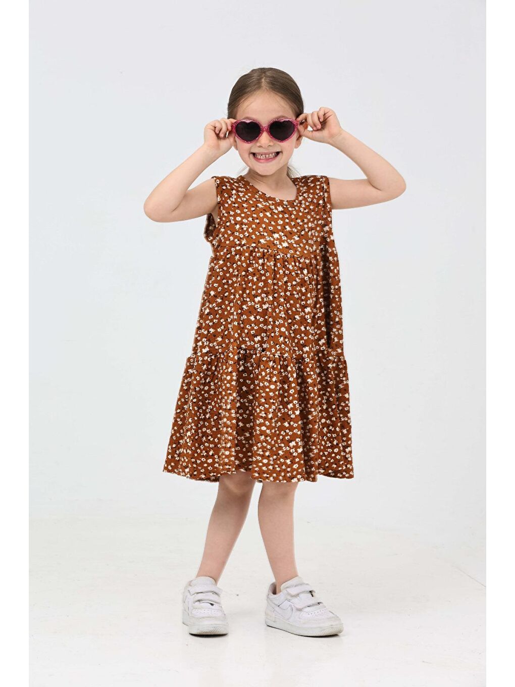 Kahverengi Kız Çocuk Taba Çiçek Desenli Elbise - 27215