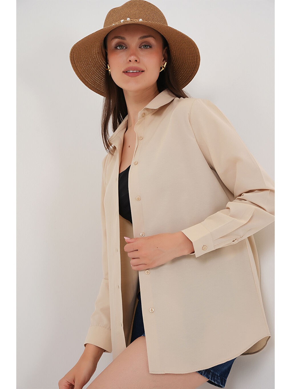Kadın Uzun Kol Basic Gömlek 20279 - Bej-5
