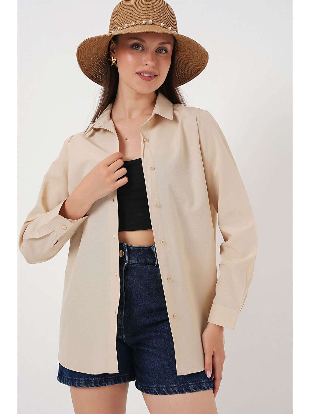 Kadın Uzun Kol Basic Gömlek 20279 - Bej-7