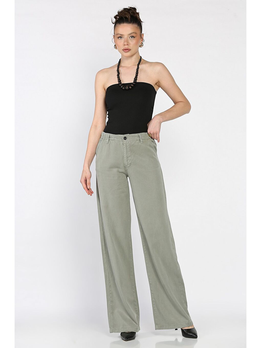 Haki Kadın Yüksek Bel Pantolon-1