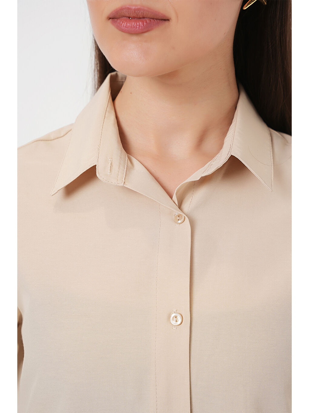 Kadın Uzun Kol Basic Gömlek 20279 - Bej-8