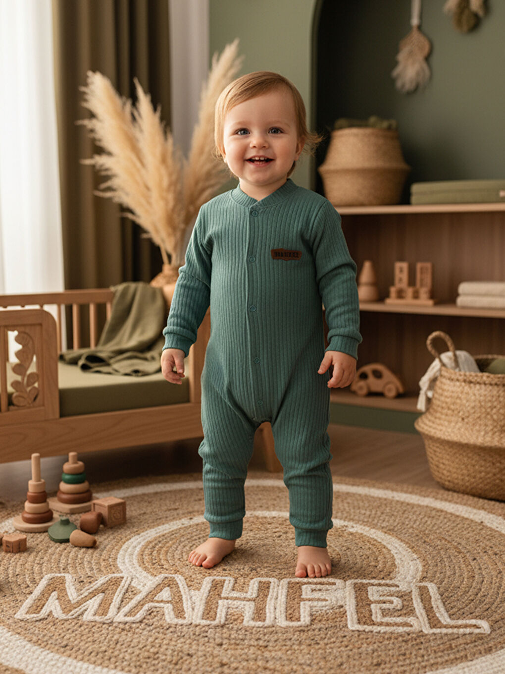 Yeşil %100 Pamuklu Fitilli Bebek Tulum Salopet KOYU YEŞİL