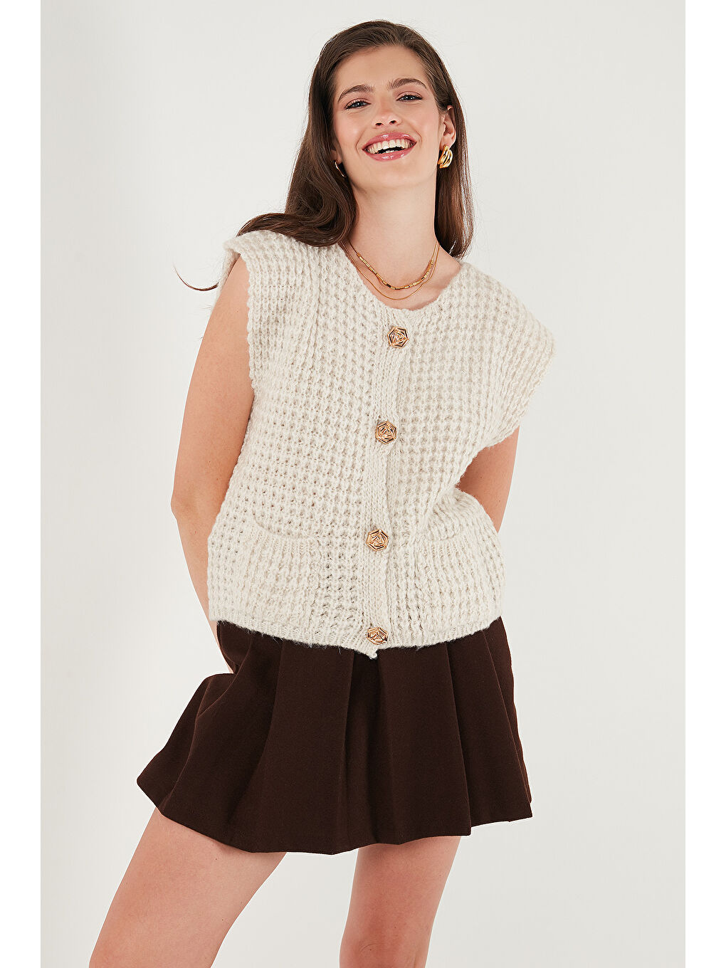 Bej Premium Oversize Fit Bisiklet Yaka Düğmeli Örgü Yelek 680YL1416-4