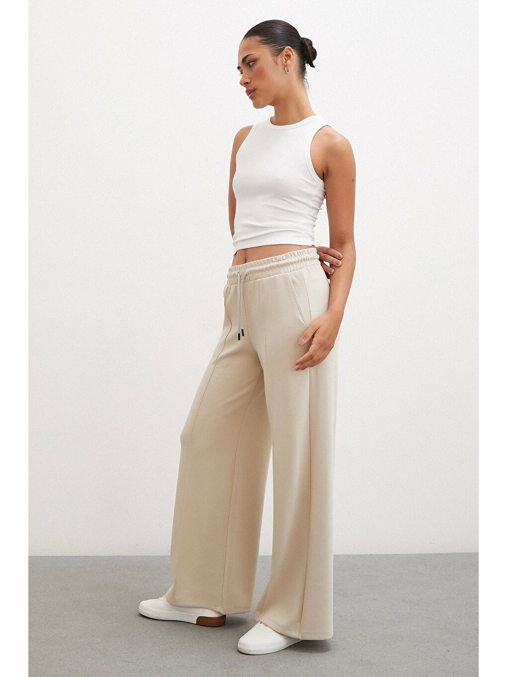 Ekru Kemeri Lastikli Pantolon Krem-1