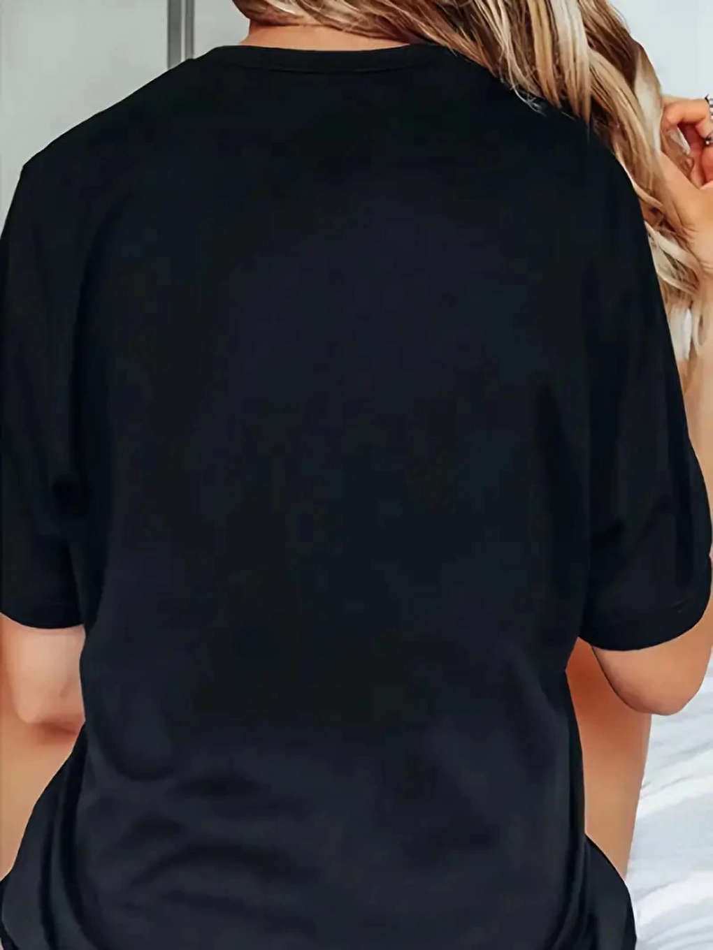 Baskılı Oversize Bisiklet Yaka T-shirt - Siyah-1