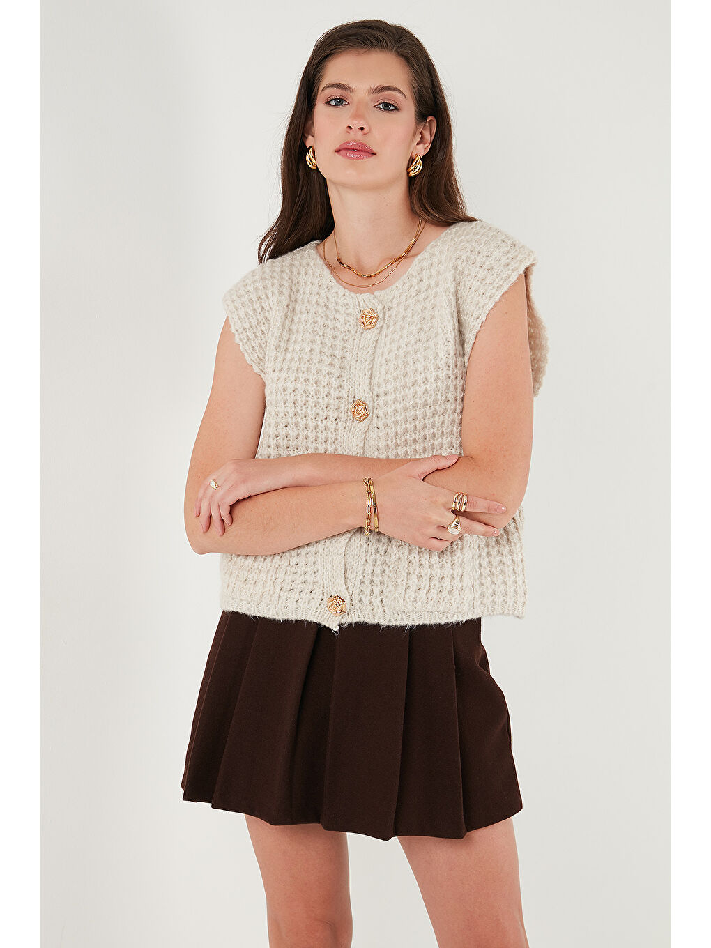 Bej Premium Oversize Fit Bisiklet Yaka Düğmeli Örgü Yelek 680YL1416-5