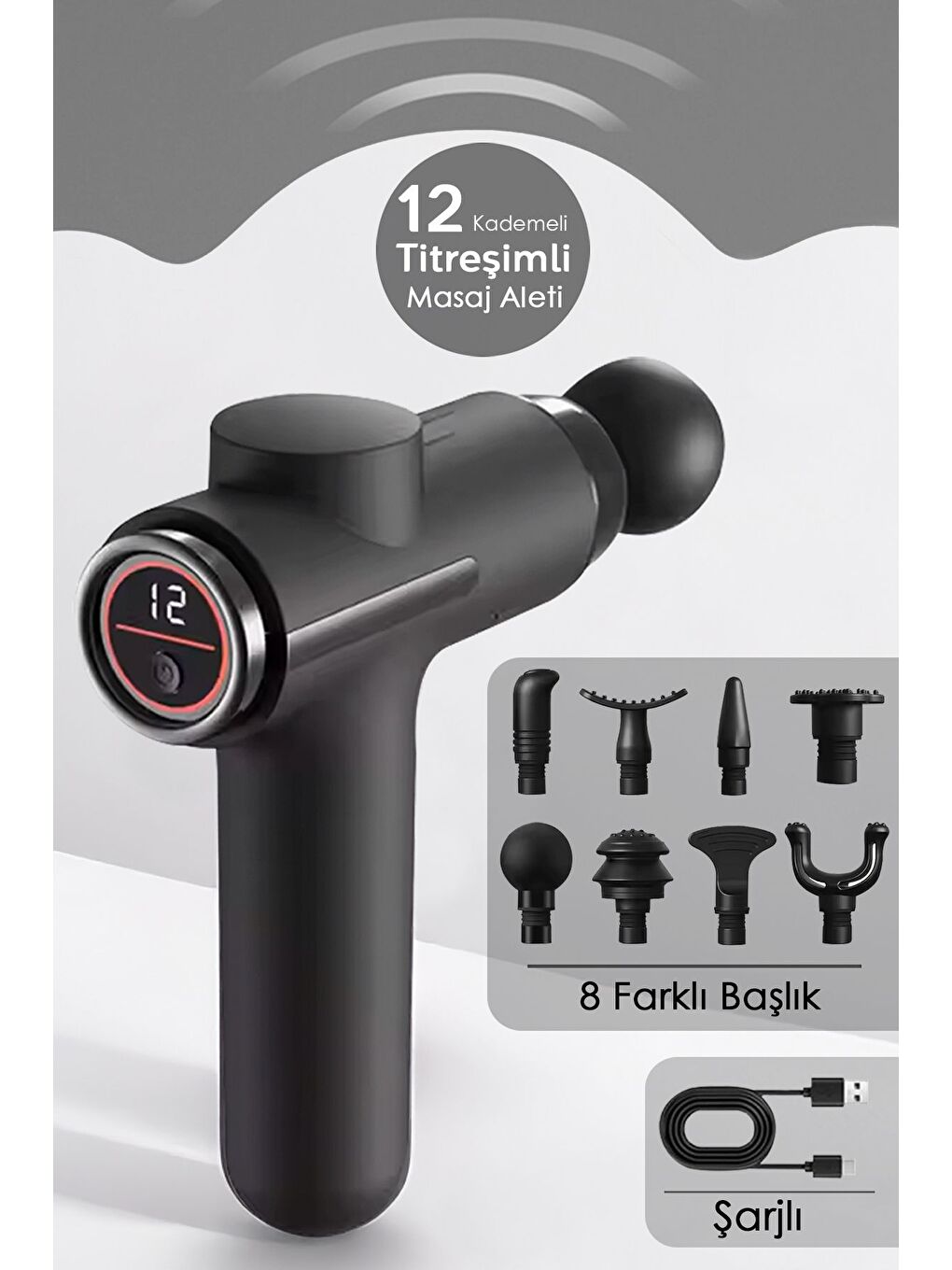 8 Başlıklı LCD Ekran Masaj Aleti Şarjlı Titreşi mli Masaj Tabancası Bel Sırt Bacak Boyun Masajı