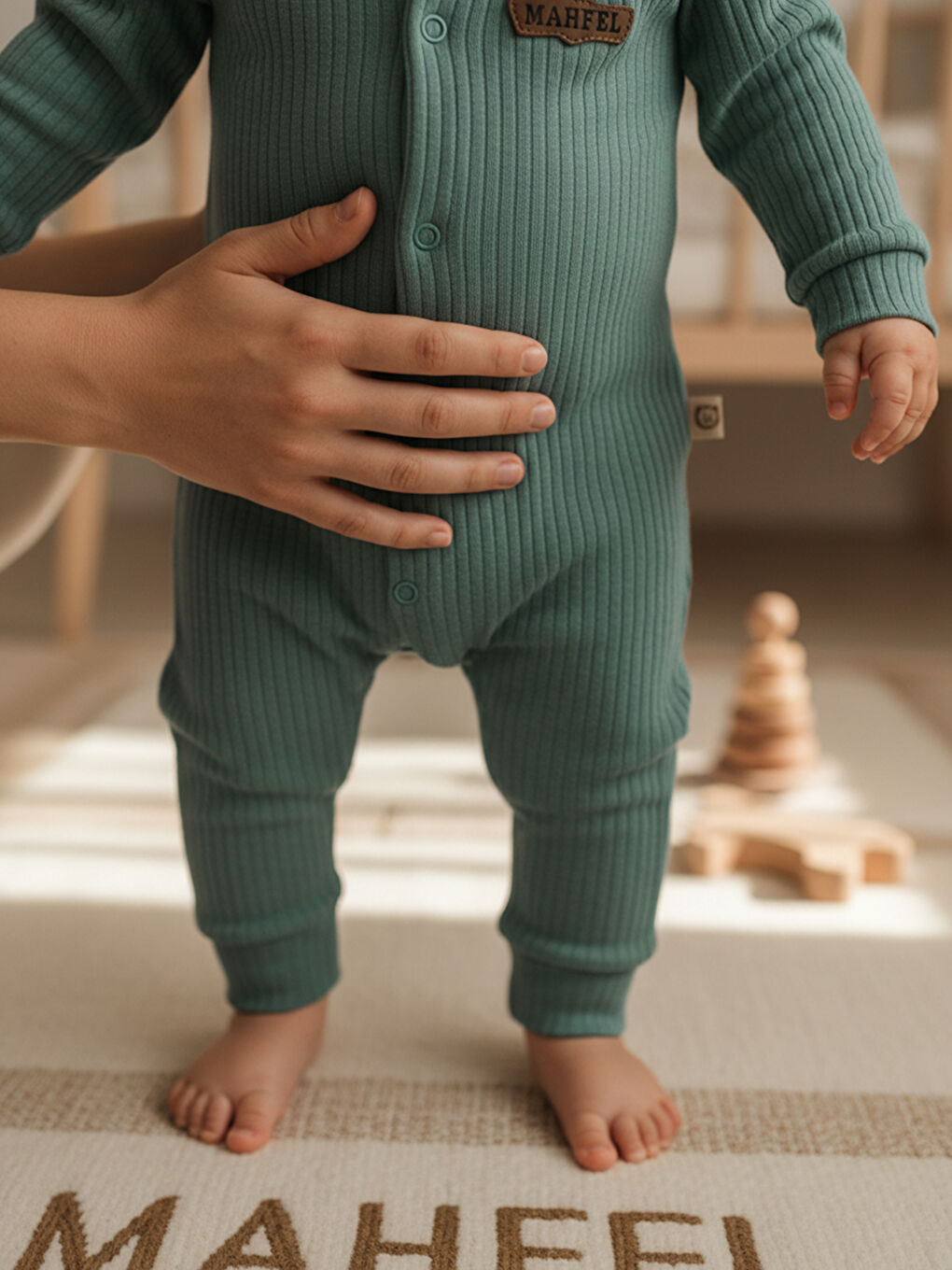 Yeşil %100 Pamuklu Fitilli Bebek Tulum Salopet KOYU YEŞİL-3