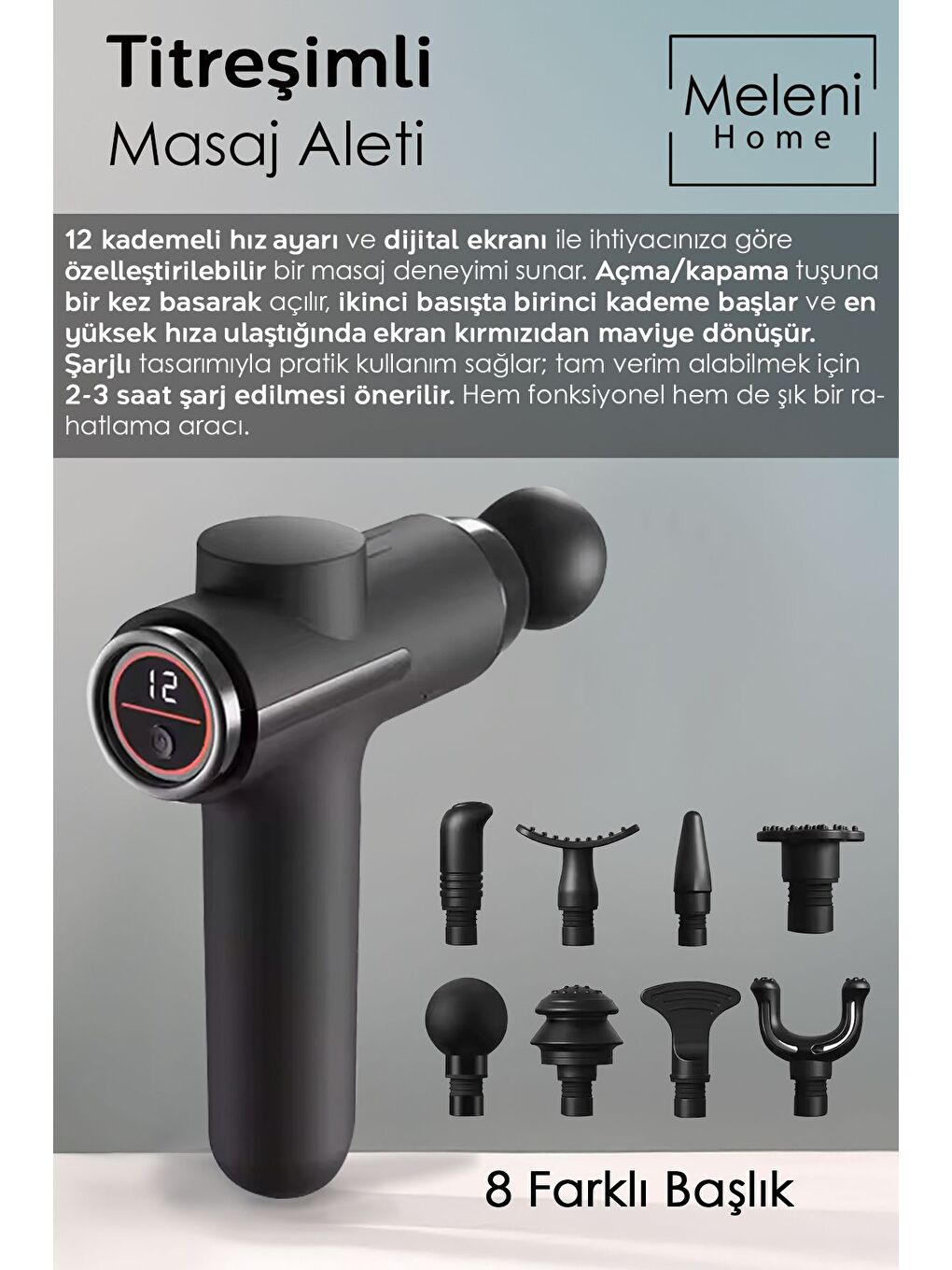 8 Başlıklı LCD Ekran Masaj Aleti Şarjlı Titreşi mli Masaj Tabancası Bel Sırt Bacak Boyun Masajı-1