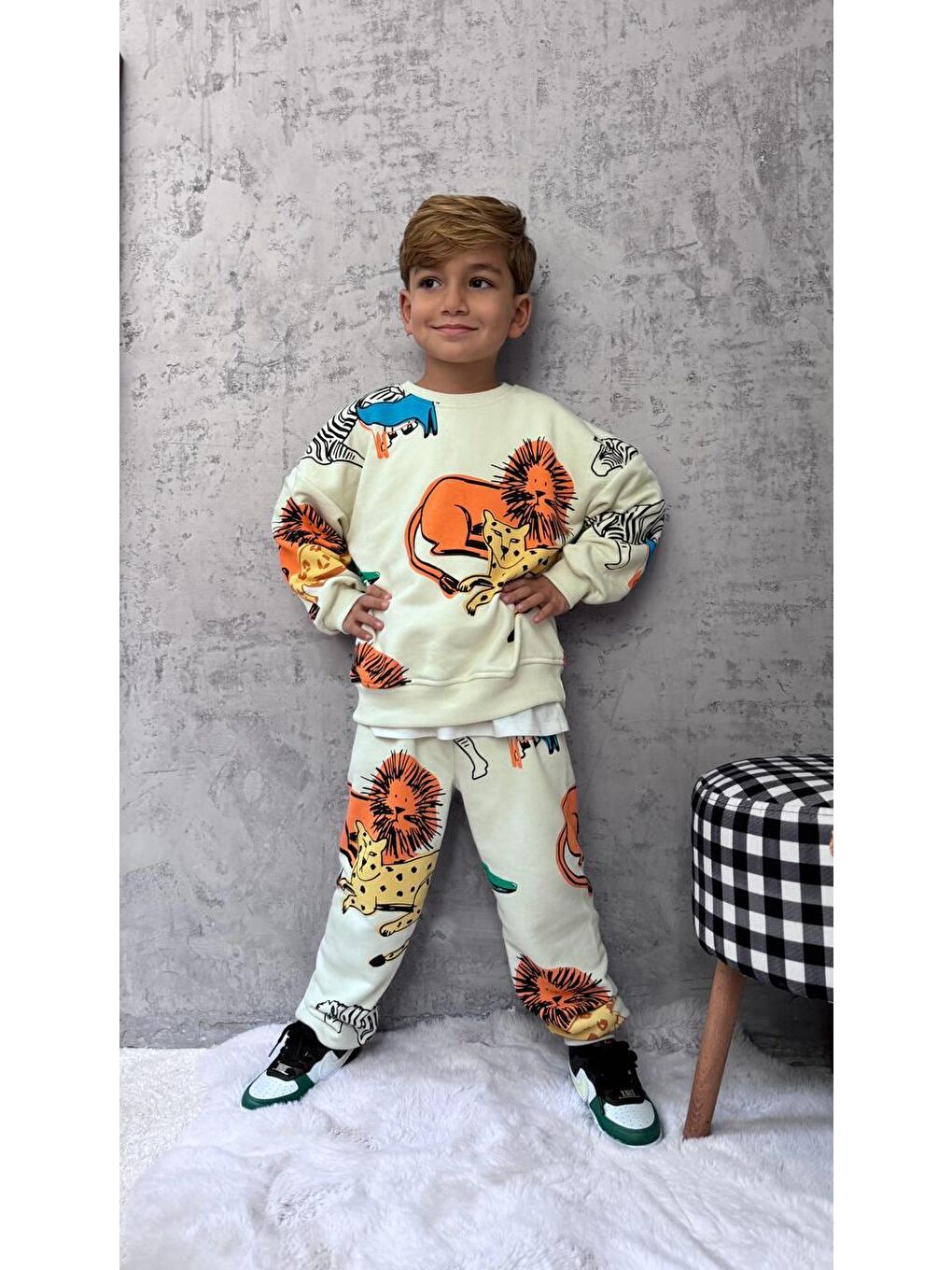 Karışık Unisex Çocuk Pamuklu Krem Safari Hayvan Desenli Sweatshirt Ve Jogger Eşofman Takım-5