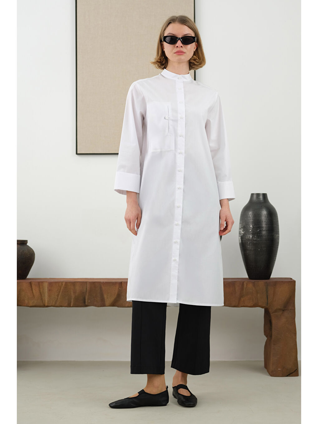 Çift Fleto Detaylı Gömlek Beyaz-3