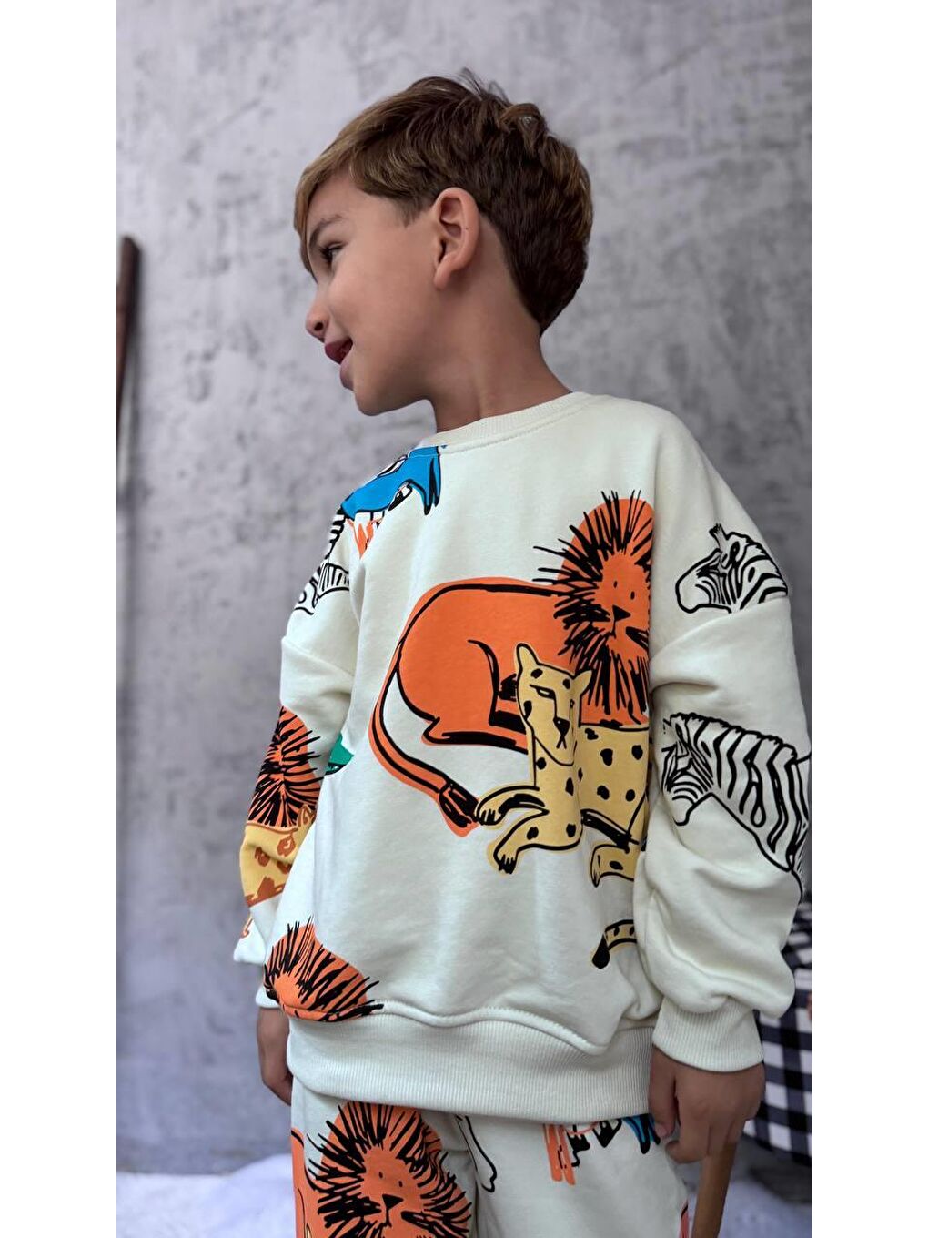 Karışık Unisex Çocuk Pamuklu Krem Safari Hayvan Desenli Sweatshirt Ve Jogger Eşofman Takım-6