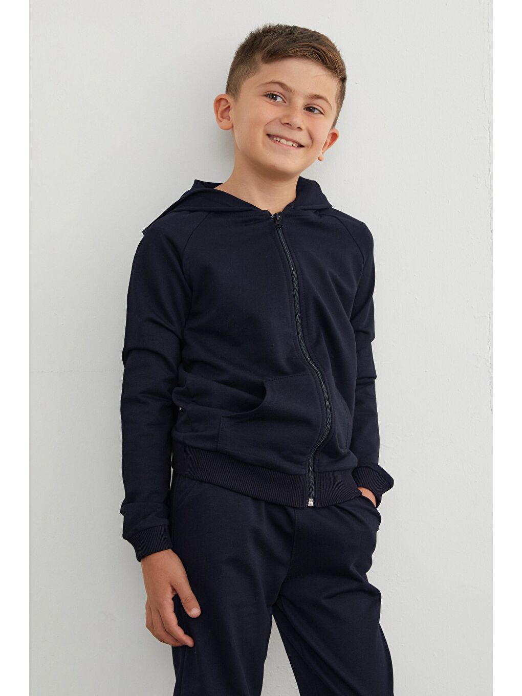 Lacivert Kapüşonlu Fermuarlı Unisex Çocuk Eşofman Takımı-1
