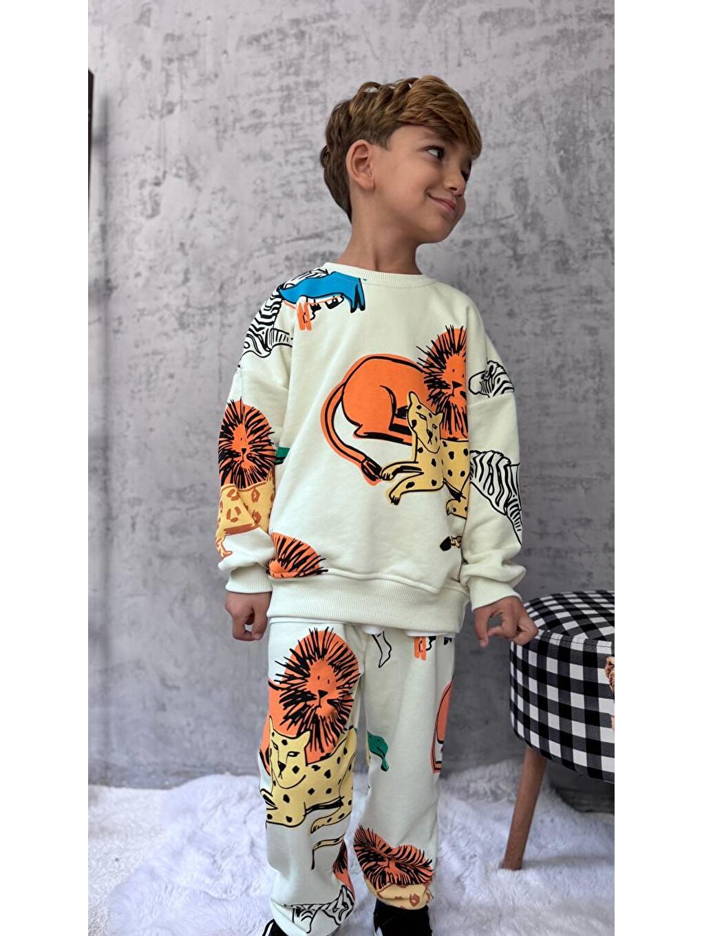Karışık Unisex Çocuk Pamuklu Krem Safari Hayvan Desenli Sweatshirt Ve Jogger Eşofman Takım-7