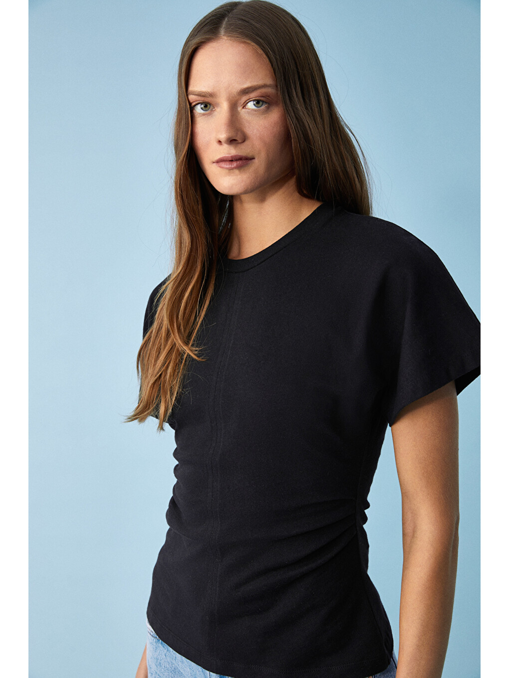 Nexus Kadın Regular Bisiklet Yaka Büzgü Siyah T-shirt-2