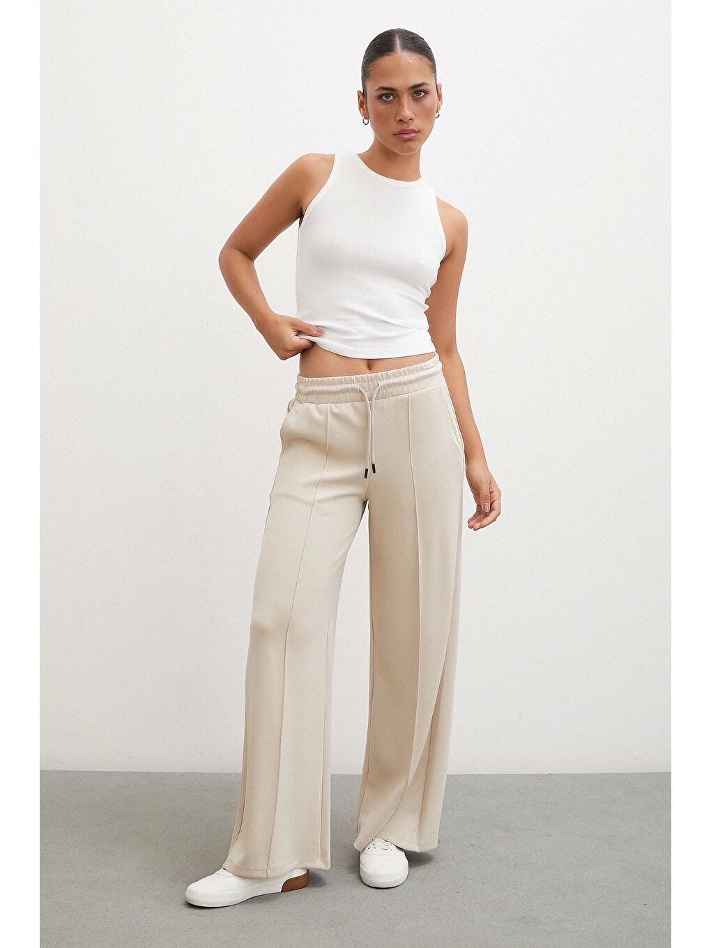 Ekru Kemeri Lastikli Pantolon Krem-2