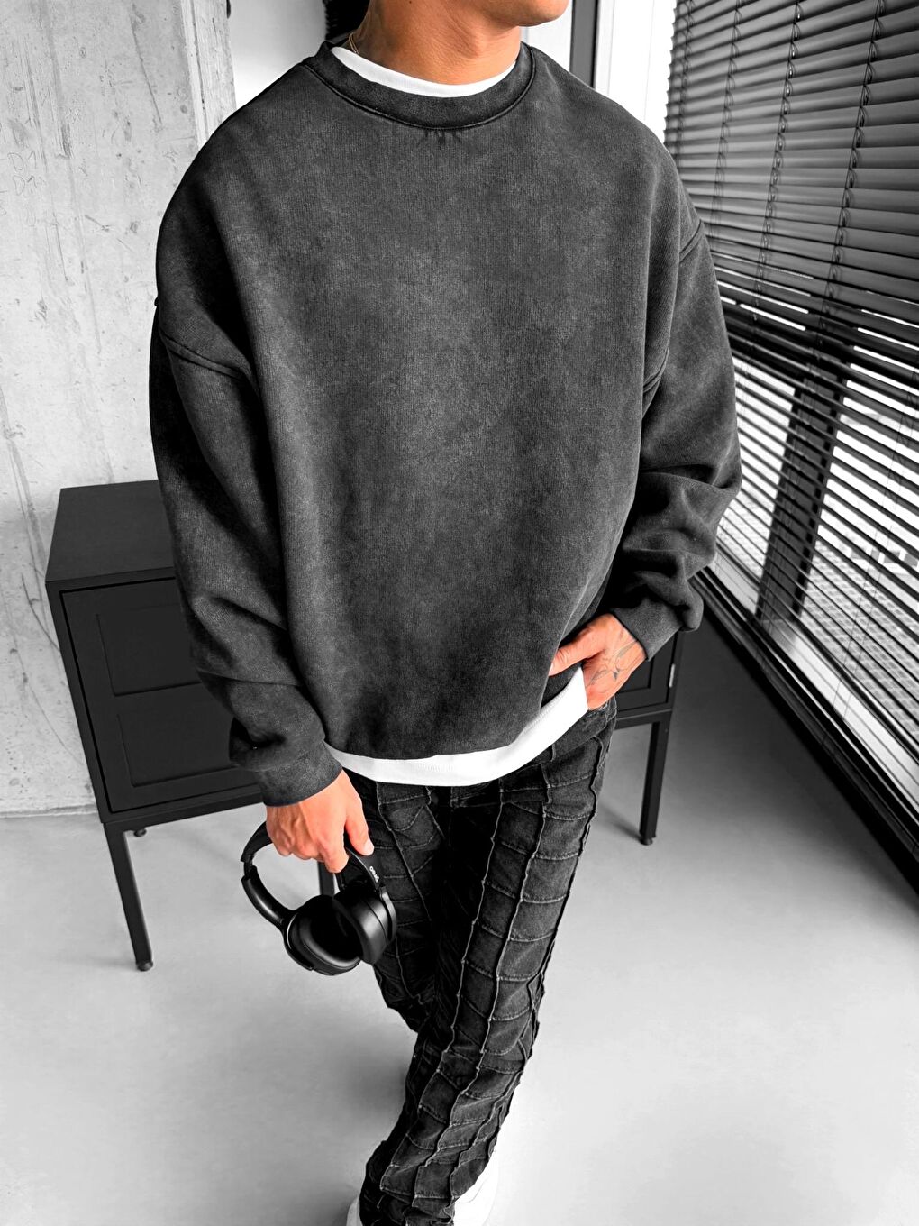 Erkek Oversize Yıkamalı Sweatshirt Siyah-3