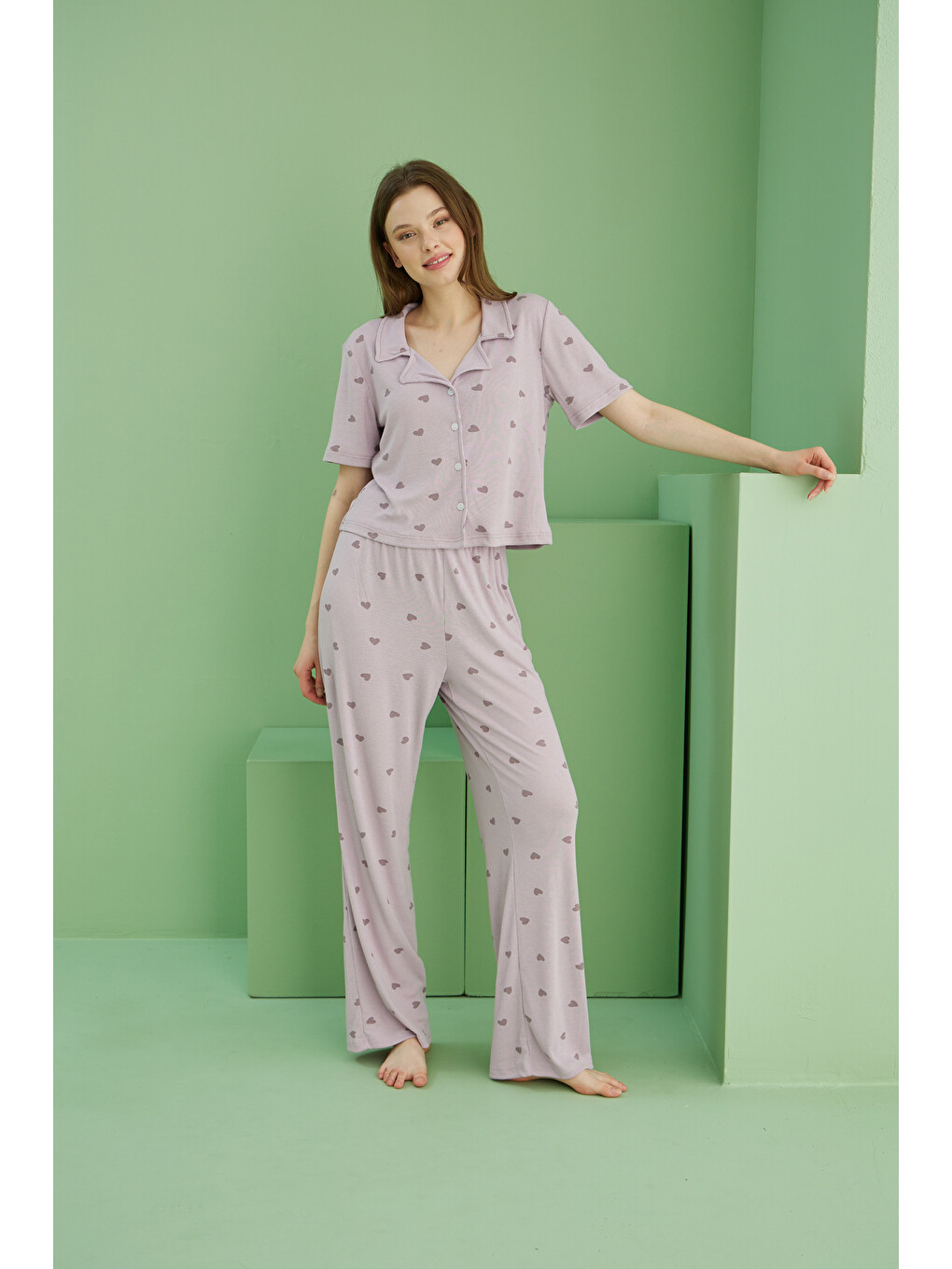 Lila Kalp Baskılı Fitilli Kaşkorse Örme Düğmeli Gömlek Yaka Pijama Takım-2