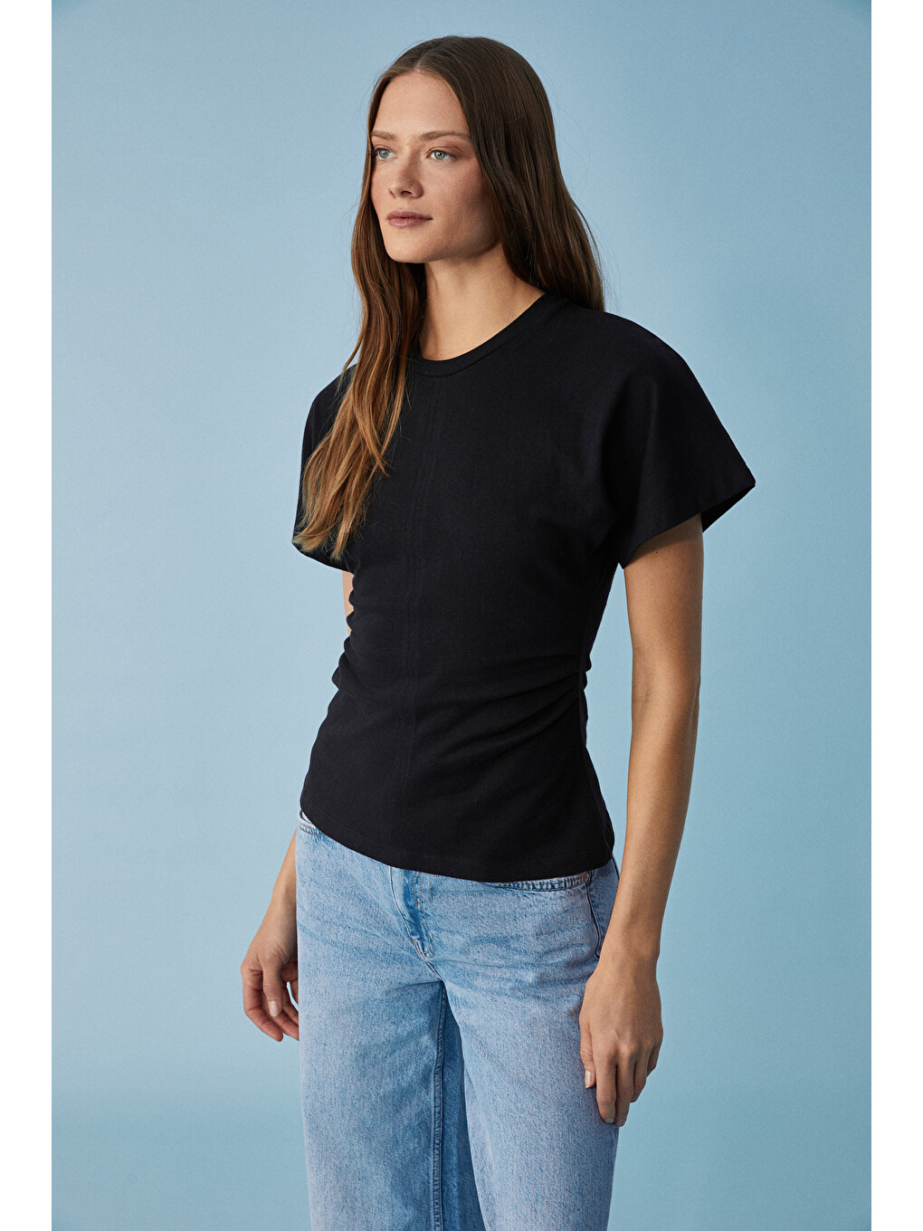 Nexus Kadın Regular Bisiklet Yaka Büzgü Siyah T-shirt-3