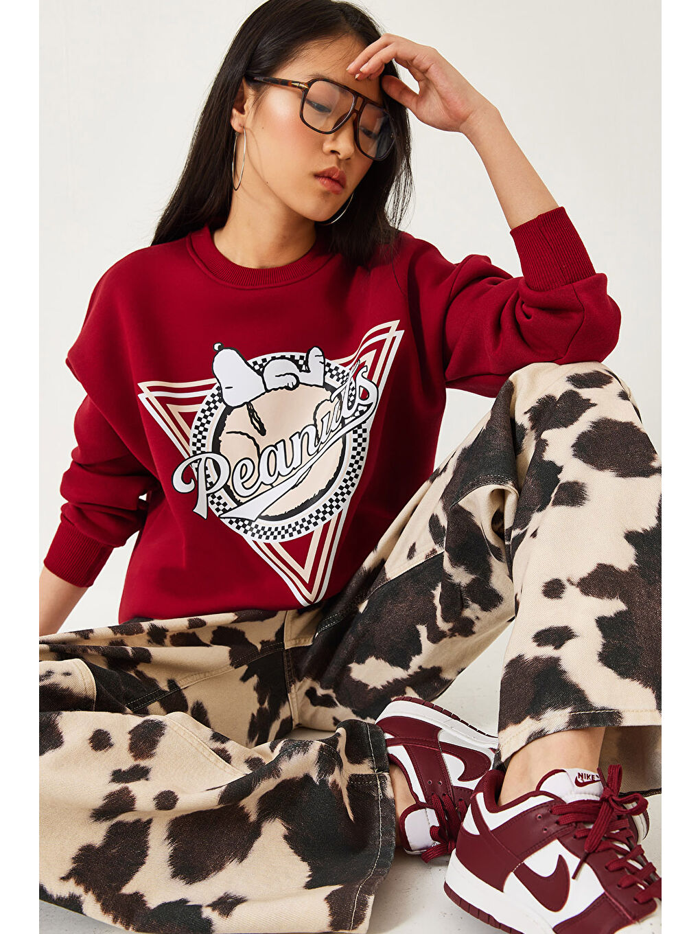 Bordo Kadın Üç İplik Şardonlu Baskılı Sweatshirt