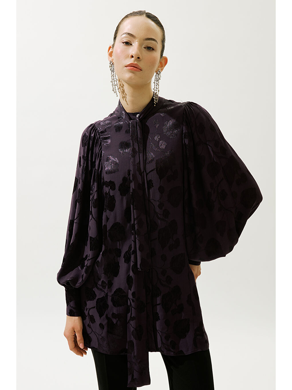 Jakarlı Saten Gömlek Mor