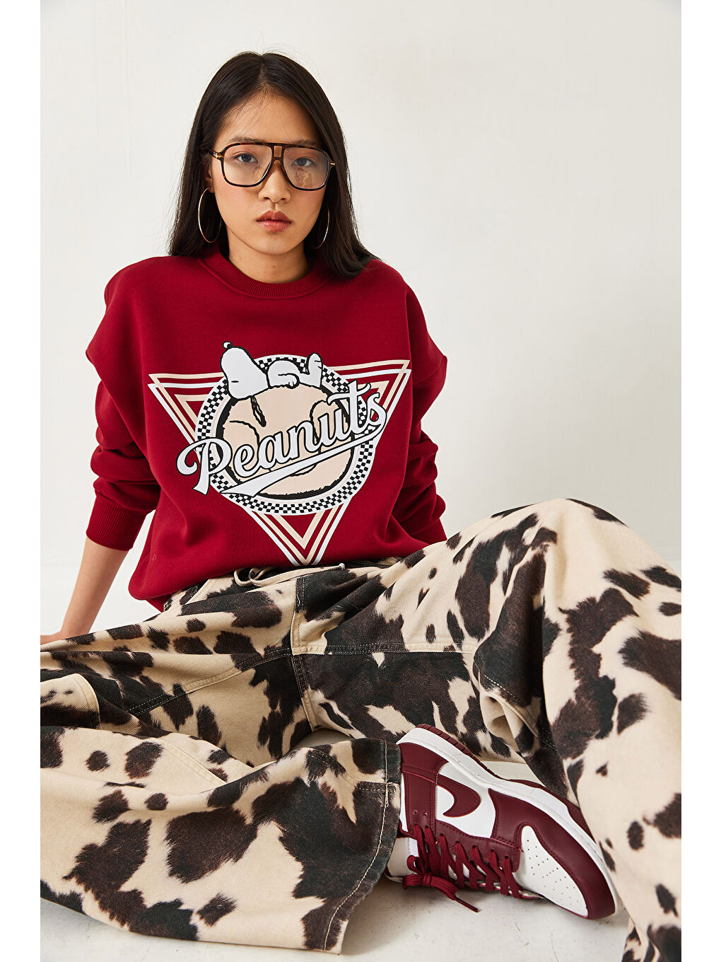 Bordo Kadın Üç İplik Şardonlu Baskılı Sweatshirt-1